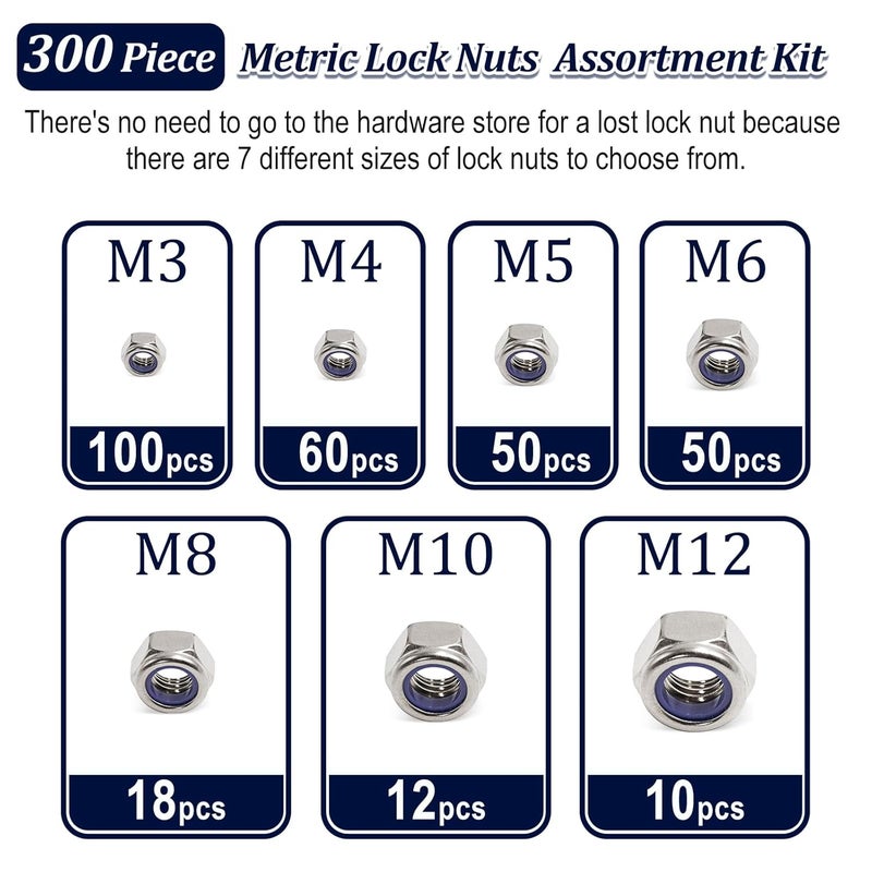 ZQZ 300 Pack Metric Nylon Insert Locknuts Assortment Kit,M3 M4 M5 M6 M8 M10 M12 Nylock Nuts Sets,304 Stainless Steel Standard Threaded Lock Nuts - Image 2
